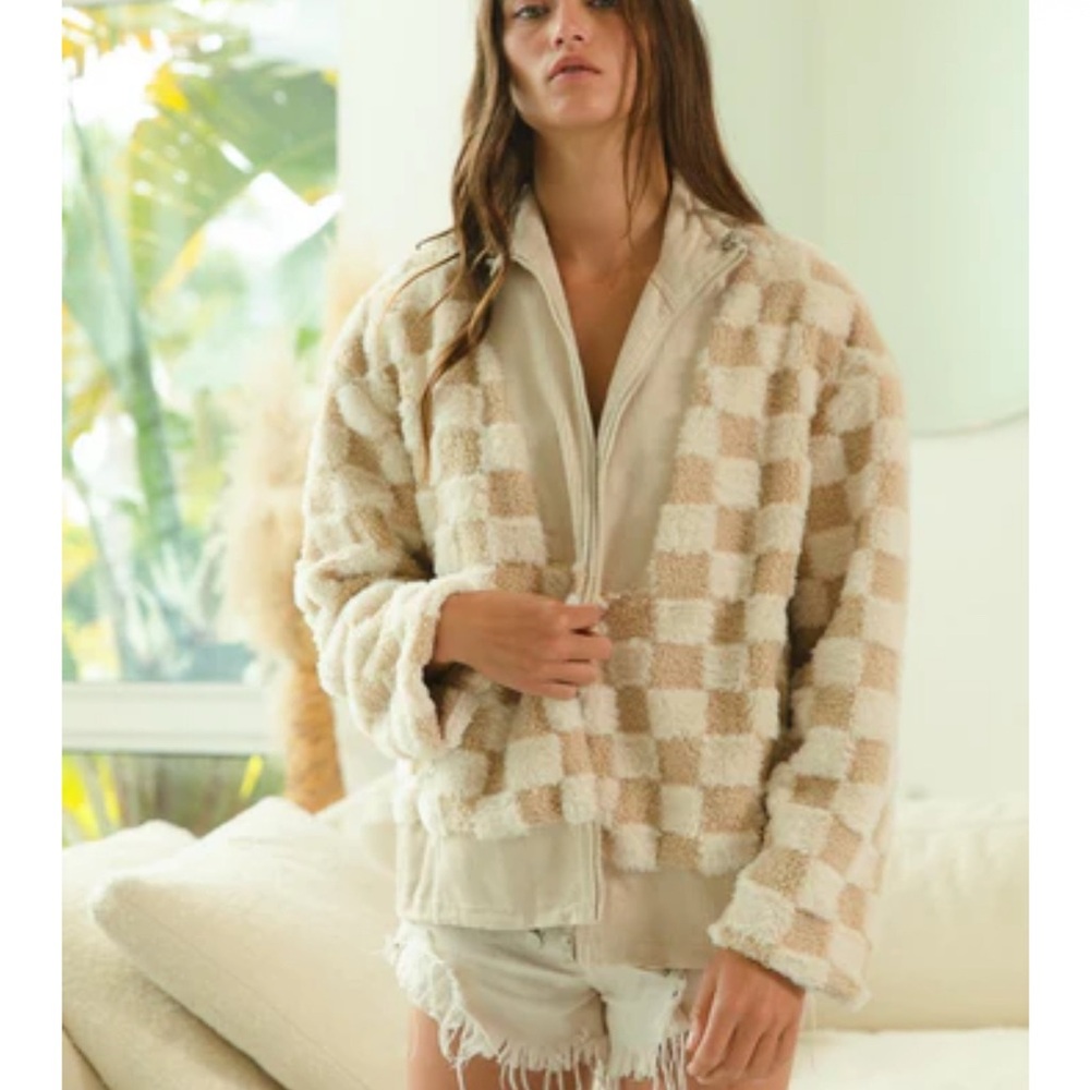 BiBi Cream and Tan Checkered Teddy Jacket